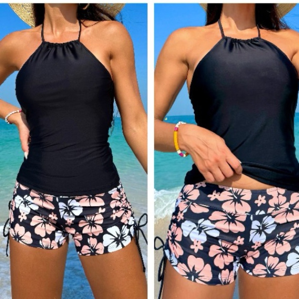 SWIM SHORTS Black Peach & White Tropical Floral
Swimsuit Bottoms Boy Short